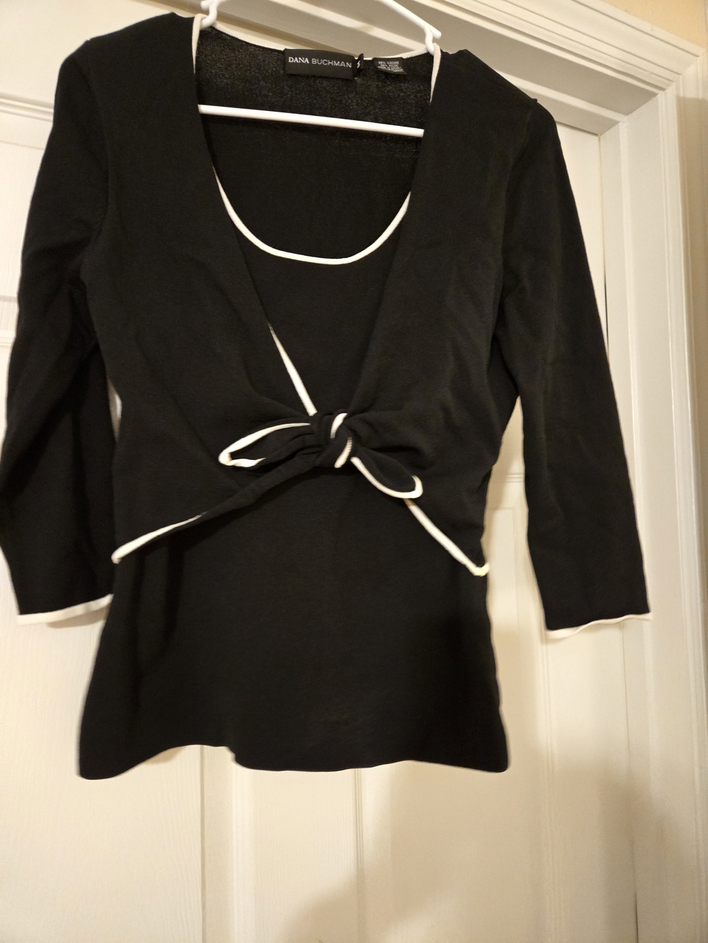 Dana Buchman Layered Tie Front Cardigan Sweater Black White M